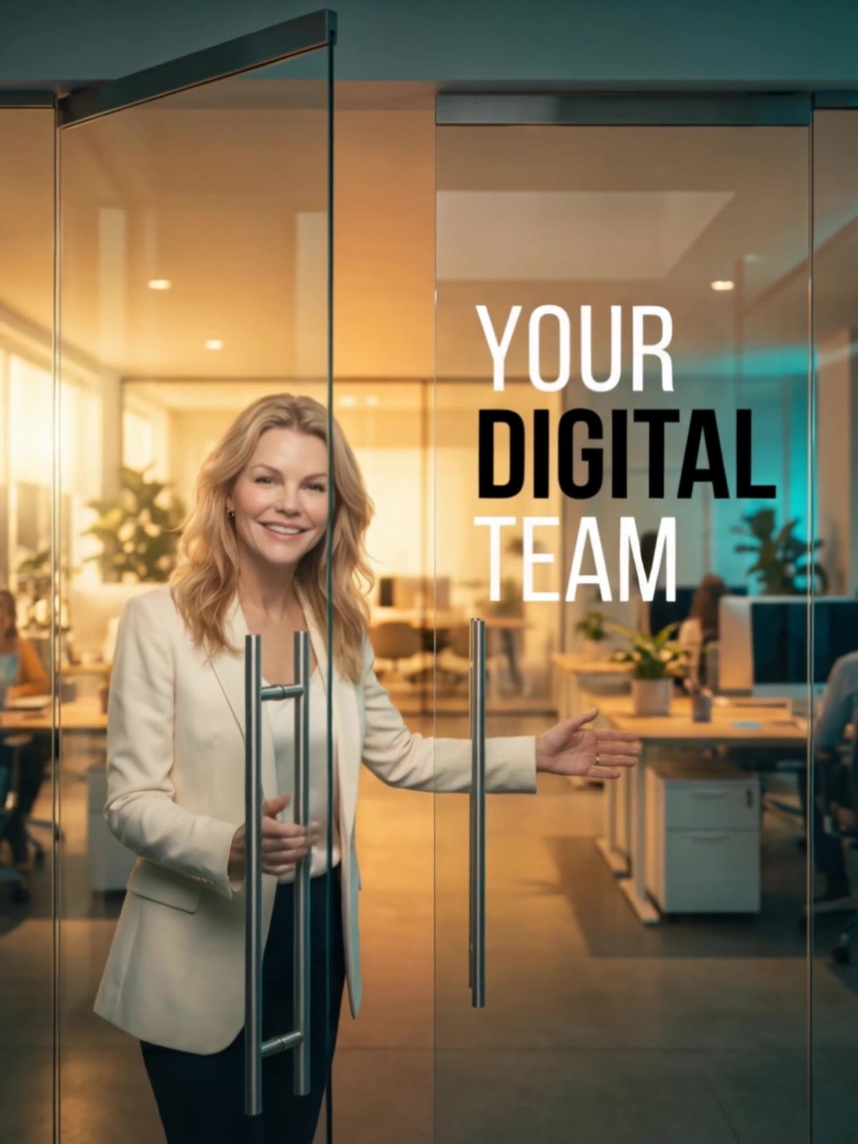 Corrina welcoming you into the Your Digital Team studio through the glass doors